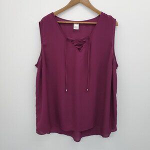 Terra & Sky Womens Sleeveless Purple Lace Up V-Neck Blouse Top Plus Size 2X